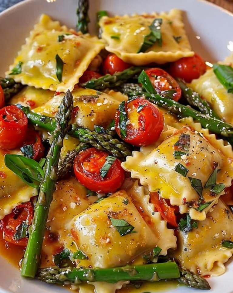 Delicious Ravioli with Fresh Tomatoes, Asparagus, Garlic, and Herbs