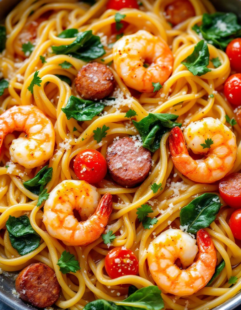 Easy Garlic Butter Shrimp and Sausage Skillet Pasta Recipe