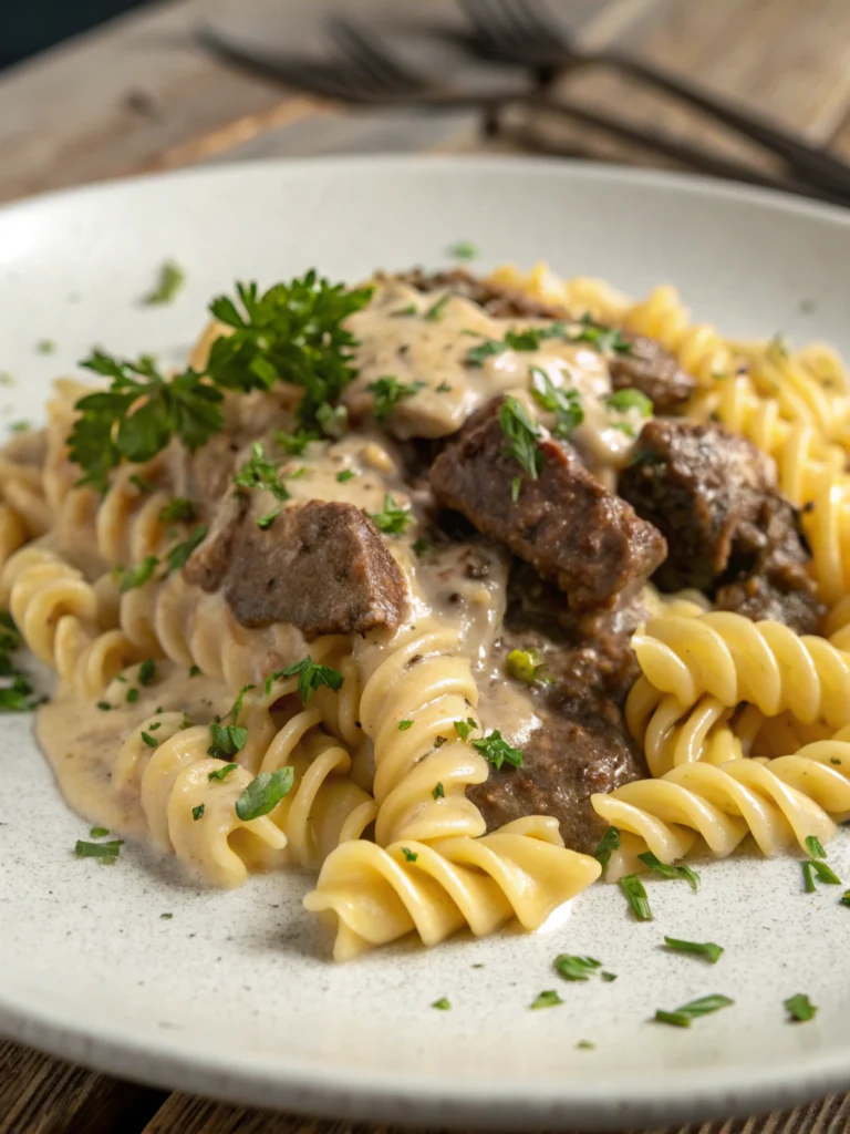Easy Beef and Rotini in Garlic Parmesan Sauce